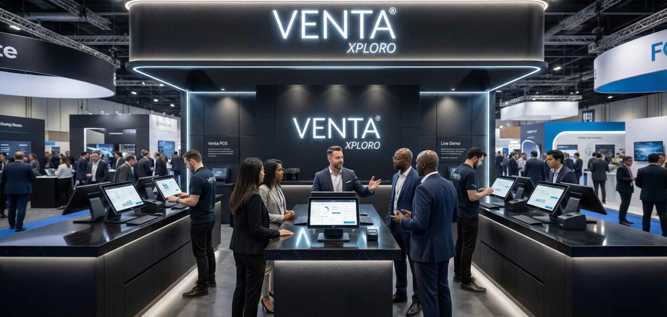 Venta Xploro showcasing premium POS machines and software demos at an international trade show booth
